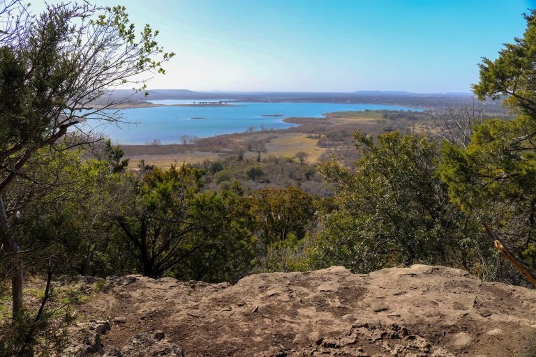 Stillhouse Hollow Lake from the top of a hill at Dana Peak Park, a public park in the Central Texas Hill Country