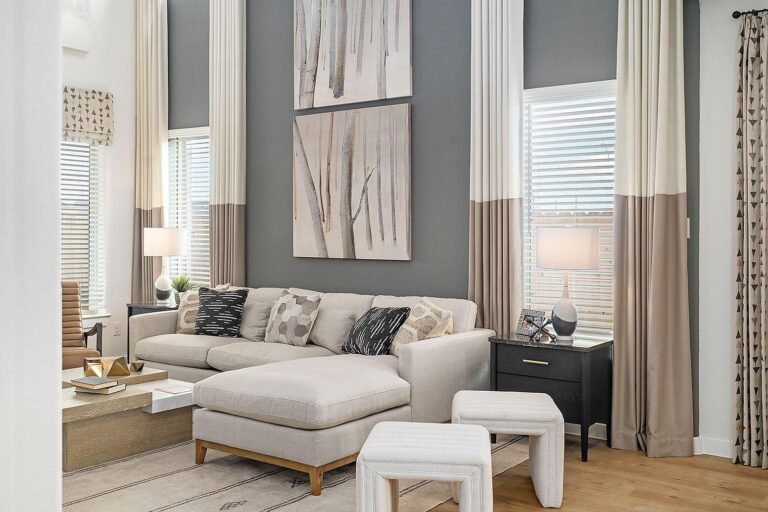 Bright living room with high ceilings and flexible furniture layout